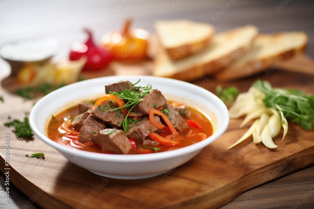 goulash with fresh baguette slices on board goulash with fresh baguette slices on board