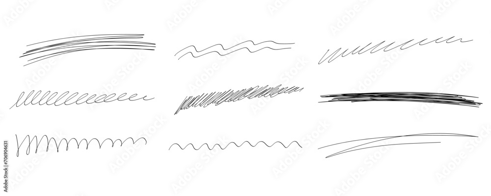 Sketch highlight underline, lines, strokes, emphasis, highlight waves set. Hand drawn check mark underline. Vector freehand marker illustration on white background - obrazy, fototapety, plakaty 