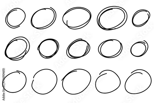 Highlight oval marker frames line. Hand drawn scribble circle sketch set. Doodle ovals and ellipses line template. Vector illustration oval isolated on white background. photo