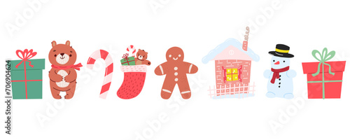 Hand drawn Christmas set. Cartoon gift, bear, gingerbread man, house, santa sock, snowman, caramel cane. New Year's decorative elements. Stock vector illustration isolated on a white background.