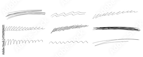 Sketch highlight underline, lines, strokes, emphasis, highlight waves set. Hand drawn check mark underline. Vector freehand marker illustration on white background