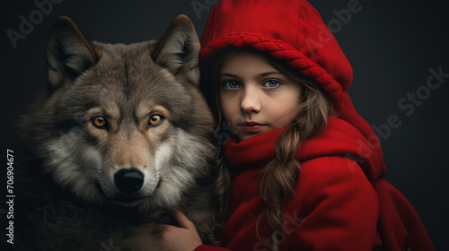 cute fantastic image of fairy-tale character  cute little girl in red hat and a huge wild wolf