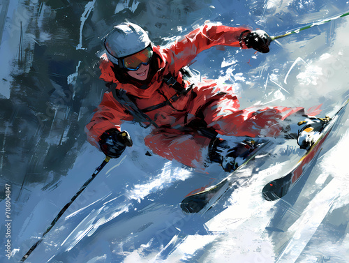 In The Indoor Ski Resort, A Person In A Red Suit Skiing