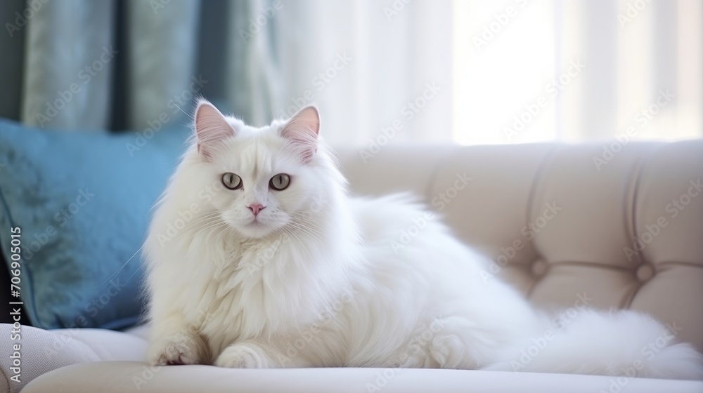 Beautiful white cat with blue eyes sitting on sofa in living room Generative AI