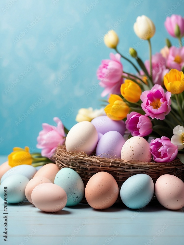 Colorful Easter eggs in the nest and flowers on blue pastel background. 