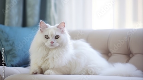 Beautiful white cat with blue eyes sitting on sofa in living room Generative AI