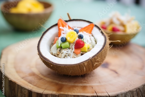 granola in a coconut shell bowl with a tropical fruit mix