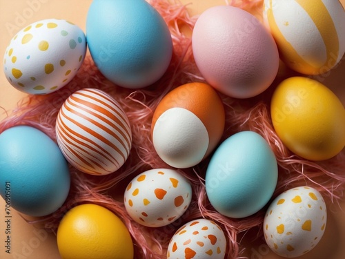 Colorful Easter eggs background top view