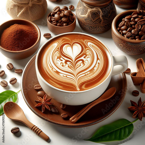 coffee in a cup and have heart-shaped latte art with a beautiful leaf-shaped saucer Hyper realistic © Bounnhong