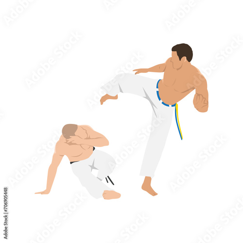 People fighting in Capoeira. Brazilian martial arts. Combat sport. Flat vector illustration isolated on white background