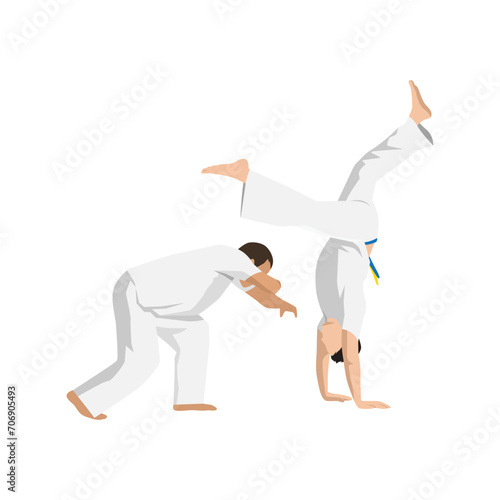 People fighting in Capoeira. Brazilian martial arts. Combat sport. Flat vector illustration isolated on white background