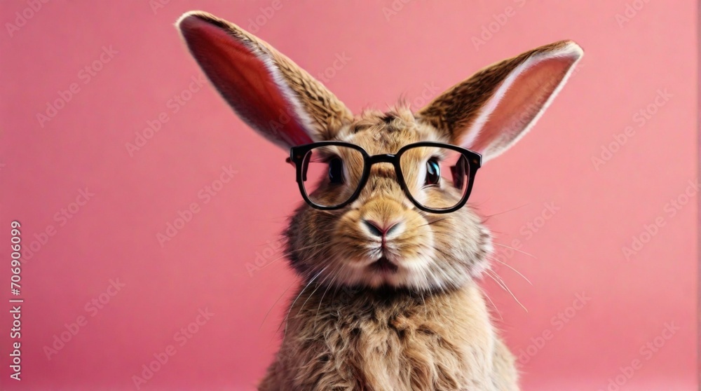 Portrait of a festive rabbit on a pink background. 
