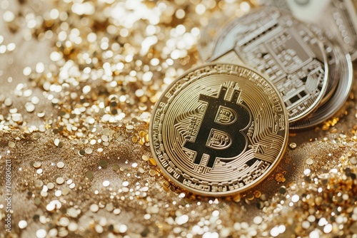 金色に輝くビットコインのグラフィック写真（仮想通貨・暗号資産・ブロックチェーン・投資）