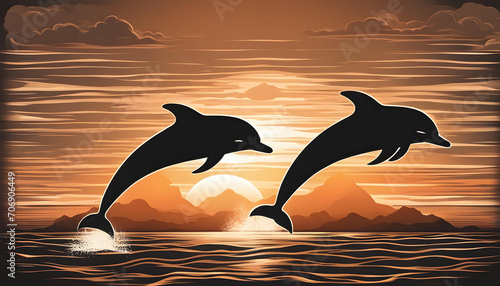 dolphins jumping into the sea at sunset