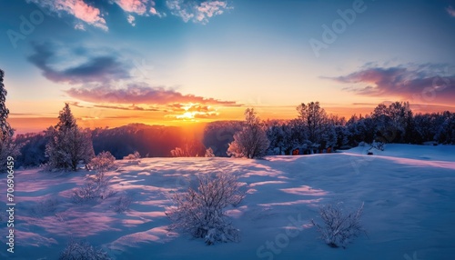 Fantastic winter landscape during sunset. colorful sky glowing by sunlight