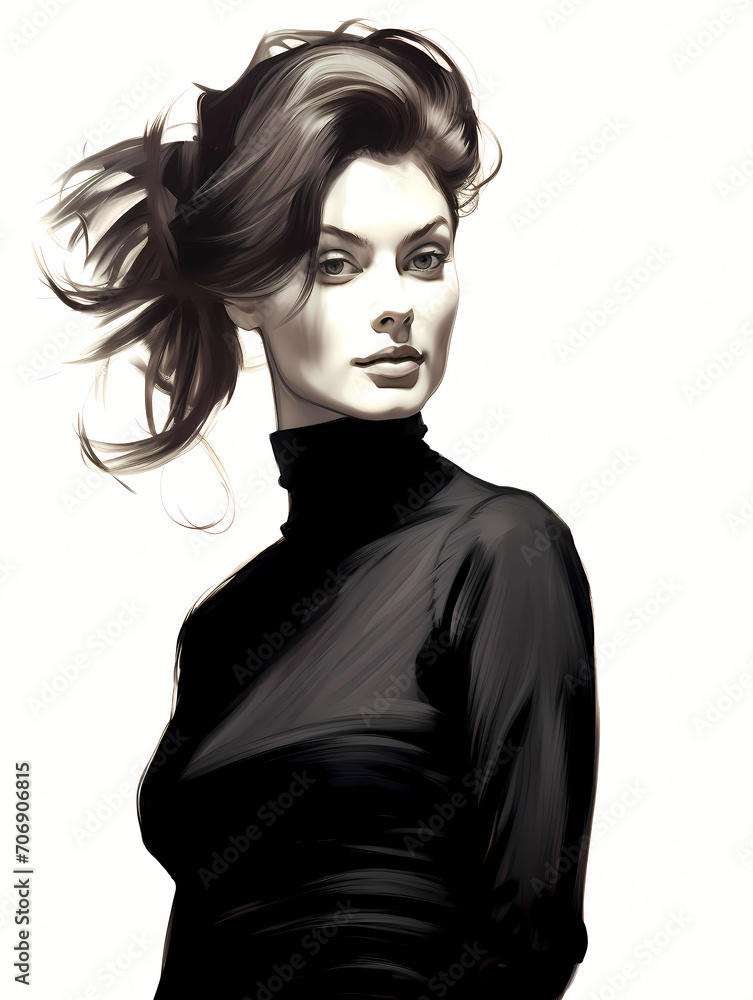 Fototapeta premium Beautiful Elegant Woman In Black Turtleneck, A Woman In A Black Turtleneck
