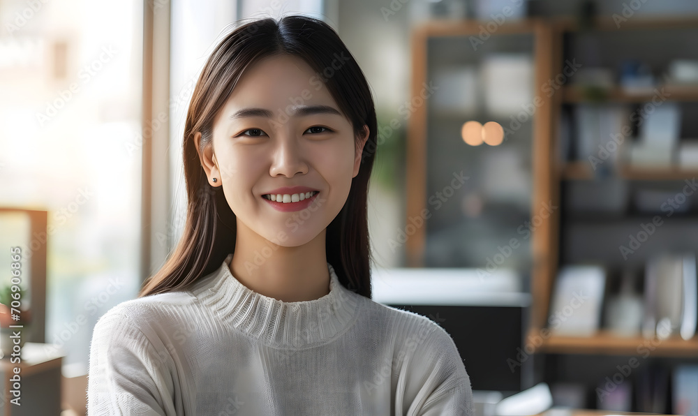 Portrait of young smiling korean woman looking at camera in office, Generative AI Portrait of young smiling korean woman looking at camera in office, Generative AI