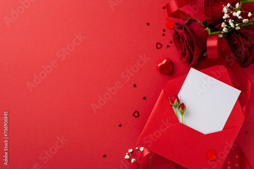 Sophisticated love expression setup. Overhead shot of elegant envelope, love declaration, heart candy, bouquet of roses, gypsophila, confetti on deluxe red background, providing space for text or ads