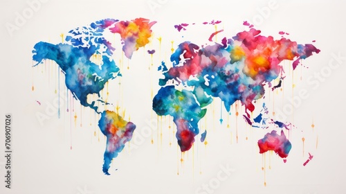 Watercolor world map. illustration. World map made of watercolor splashes. Generative AI