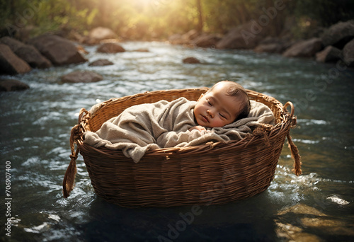 Baby Moses in a basket floating on a river biblical scene concept. Religious theme.