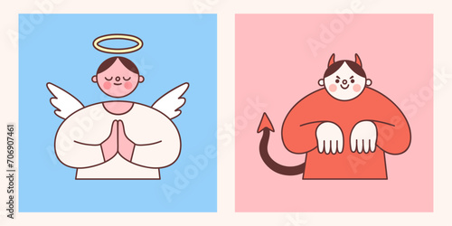 Angel and devil characters. Vector illustration of good vs bad concept in cute cartoon style. Calm praying saint with halo and wings and horned demon plotting evil.