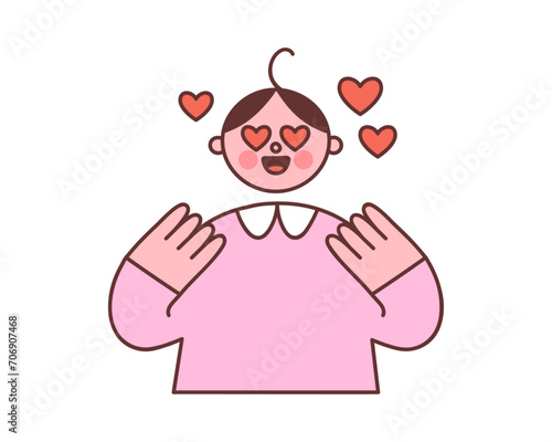 Person in love with hearts for eyes. Vector illustration of a love struck character in cute cartoon style. Isolated elements on white background.