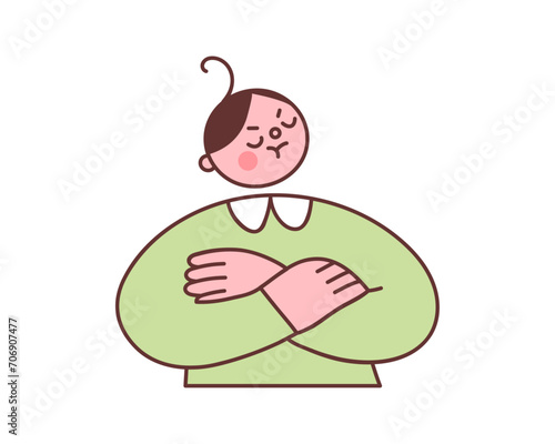Offended character with his arms crossed. Vector illustration of an irritated displeased man in cute cartoon style. Isolated elements on white background.