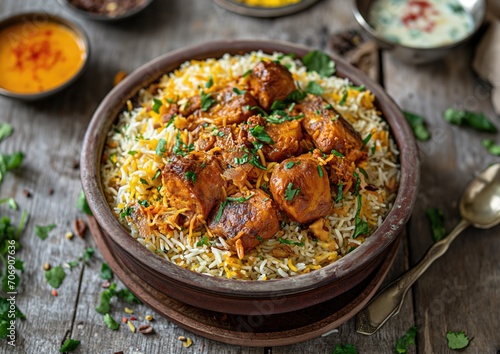 Delicious and Aromatic Hyderabad Biryani: A Mouthwatering Traditional Indian Dish Captured in High-Quality Food Photography