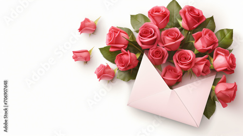 Bunch of roses with an envelope on isolated white background