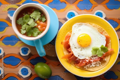 huevos rancheros breakfast with a cup of black coffee