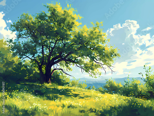 Beautiful Blurred Background Of Spring Nature, A Tree In A Grassy Field