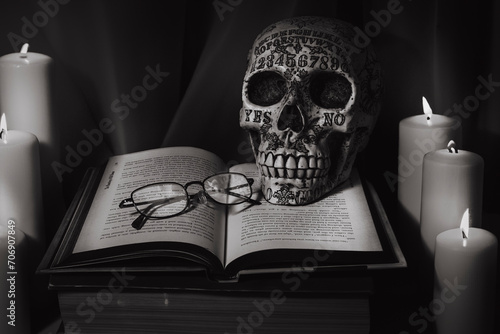 skull and book; Black and White