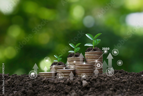 Sustainable environment Investment, or investing in renewable energy,   green invest. ESG environmental social governance concept.business strategy. Coins on the ground with icon and graph Growth.  photo