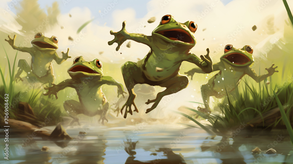a group of frogs jumping and playing in a muddy