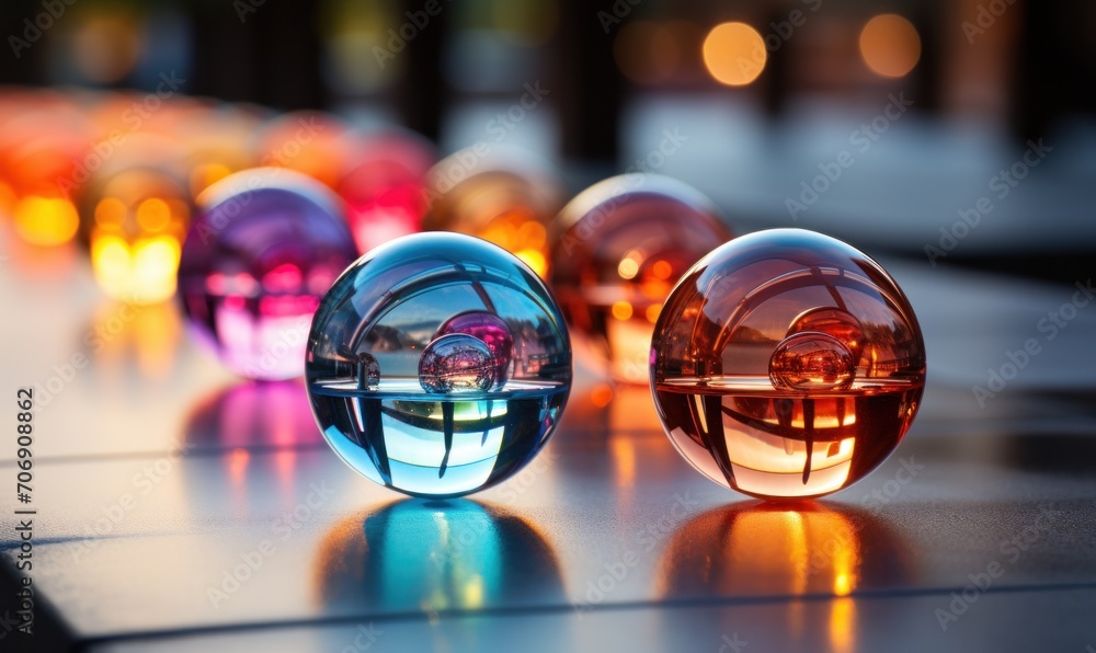 The glossy surface showcases the glistening, colorful glass balls - obrazy, fototapety, plakaty 
