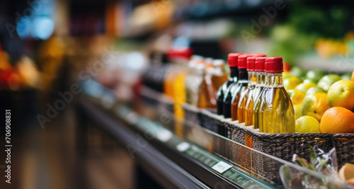 Within the busy grocery store, diverse shelves hold a multitude of products, blending into a blurred and vivid backdrop