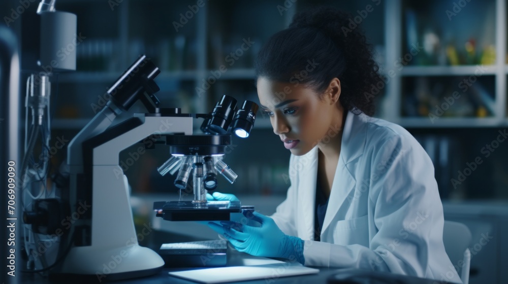 A beautiful black female scientist wearing a white lab coat studies samples of microorganisms under a microscope in modern medical laboratory. Healthcare, microbiology, biotechnology, biology concepts A beautiful black female scientist wearing a white lab coat studies samples of microorganisms under a microscope in modern medical laboratory. Healthcare, microbiology, biotechnology, biology concepts