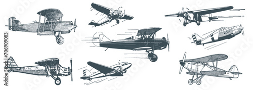 Engraved Airplane. Air Transportation in Vintage Style. Hand Drawn Engraving Passenger Biplane, Corncob, Plane Aviation. Travel Illustration. Engraved in Old Sketch Style, Retro transport.