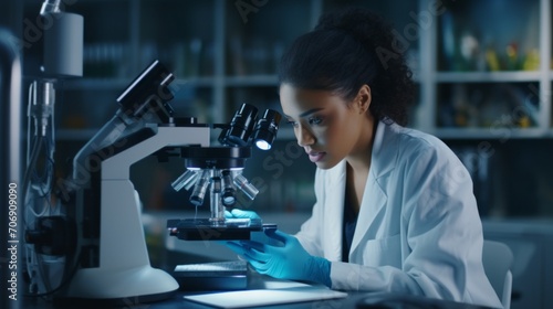 A beautiful black female scientist wearing a white lab coat studies samples of microorganisms under a microscope in modern medical laboratory. Healthcare, microbiology, biotechnology, biology concepts