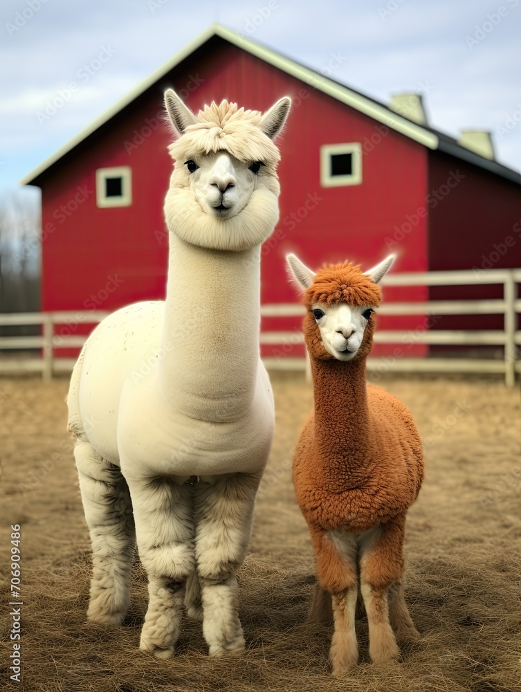 Fototapeta premium Alpaca Vs Llama: Unraveling the Farmyard's Fascinating Dichotomy in Nature