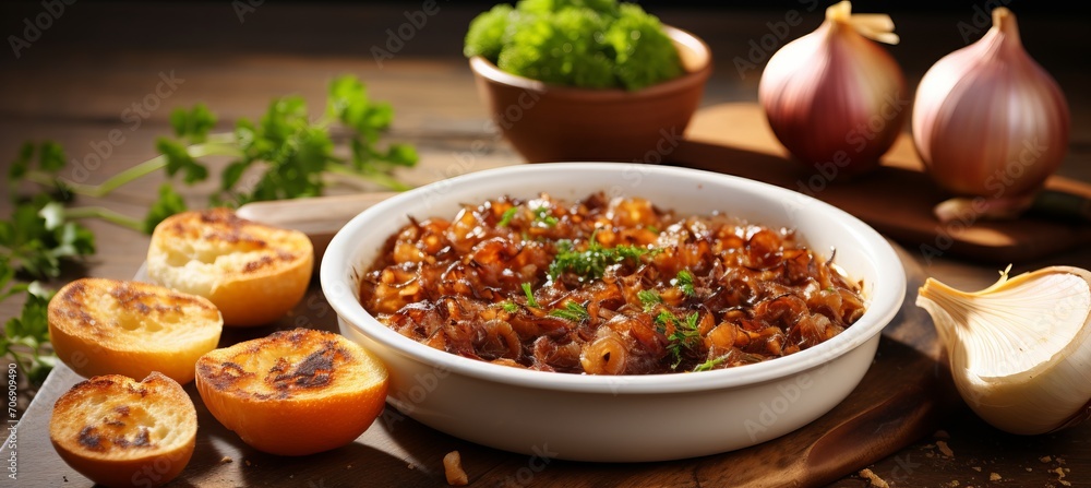 French Onion Soup with Caramelized Onions in White Bowl on Wooden Table, Home Lunch Concept French Onion Soup with Caramelized Onions in White Bowl on Wooden Table, Home Lunch Concept