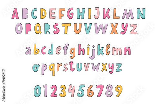 Nursery font, alphabet and numbers collection for cards, posters, titles, prints, stickers, etc. EPS 10