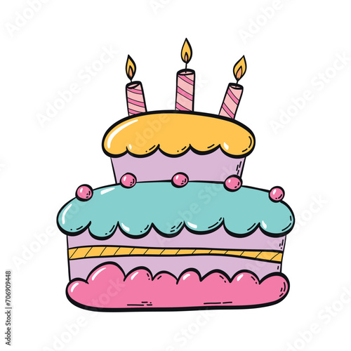 Cute cartoon birthday cake with 3 candles for nursery posters, greeting cards, prints, stickers, sublimation, banners, invitations, etc, EPS 10