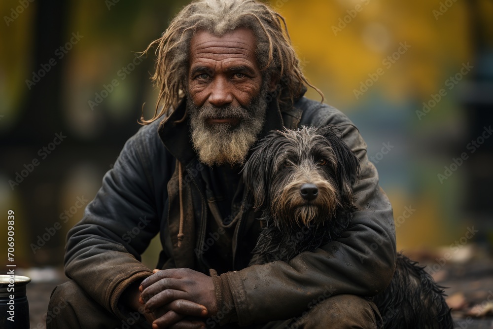 On the sidewalk, an elderly vagabond and his dog are seen, with a nearby bowl of shared food, illustrating the intertwining themes of intimacy and poverty On the sidewalk, an elderly vagabond and his dog are seen, with a nearby bowl of shared food, illustrating the intertwining themes of intimacy and poverty