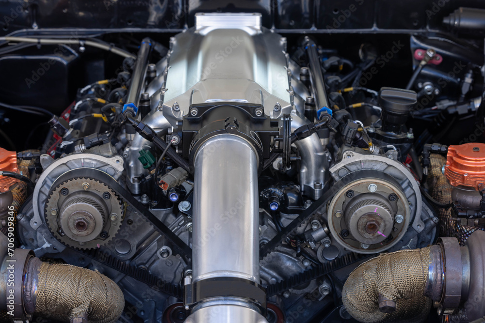 The powerful engine of car, Internal design of engine, Car engine part, Under the hood of sports