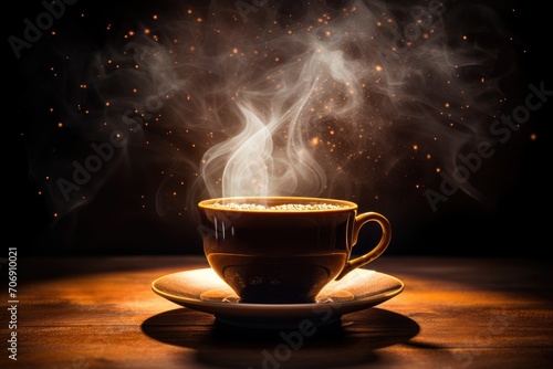 Banner with black hot coffee cup and golden smoke on wooden table. Mug with steaming smoke on dark background with golden lights, glittering sparkles and bokeh. Warm, light atmosphere. Magic mourning