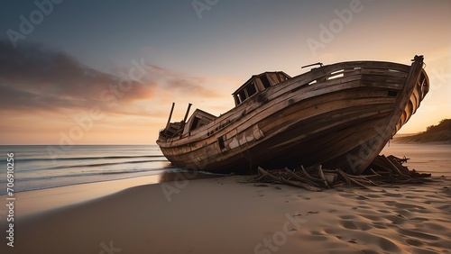A wooden boat wreck on the side of a beach at sunset from Generative AI photo