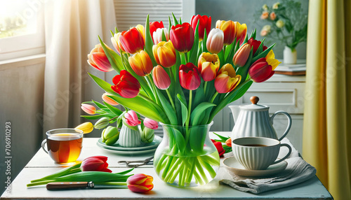 Bright tulips in a vase on a sunlit table accompanied by a tea set, embodying a fresh, peaceful morning. 
