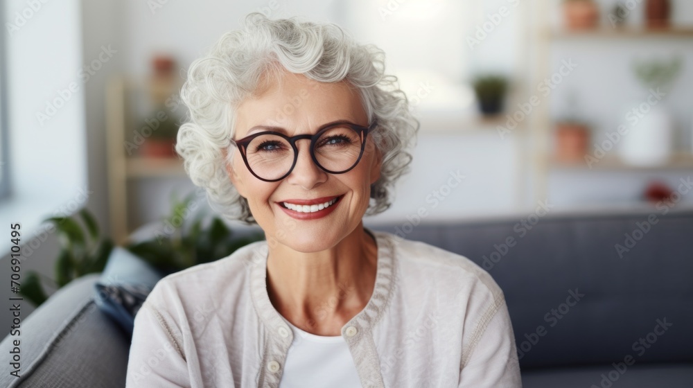 Close-up portrait of Smiling middle aged mature grey haired woman looking at camera, sitting on sofa in living room. A successful smiling happy businesswoman wearing glasses in retirement. Close-up portrait of Smiling middle aged mature grey haired woman looking at camera, sitting on sofa in living room. A successful smiling happy businesswoman wearing glasses in retirement.