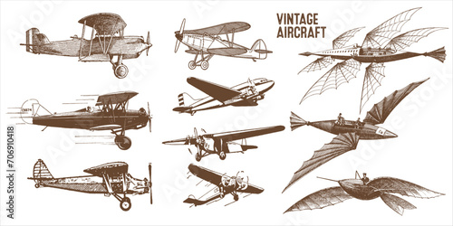 Engraved Airplane. Air Transportation in Vintage Style. Hand Drawn Engraving Passenger Biplane, Corncob, Plane Aviation. Travel Illustration. Engraved in Old Sketch Style, Retro transport. photo
